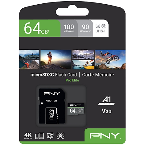 Eine PNY microSDXC Flash-Karte. Auf der Verpackung steht 64 GB, 100 MB/s Read, 90 MB/s Write.
