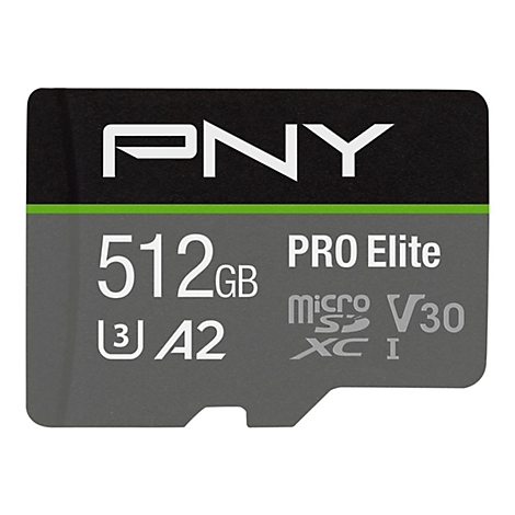 Eine PNY MicroSD-Karte mit der Aufschrift 512GB, PRO Elite, U3 A2, V30.
