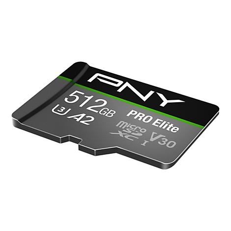 Eine graue MicroSD-Karte von PNY mit der Aufschrift 512GB, A2, PRO Elite, micro SDXC I, V30.