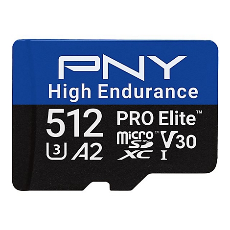 Eine Mikro-SD-Karte in Blau und Schwarz mit der Aufschrift PNY High Endurance 512 PRO Elite V30. Im unteren Bereich steht micro SDXC I.