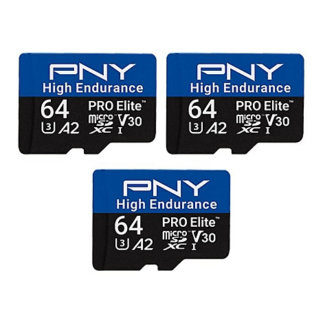 Drei schwarze PNY Micro-SD-Karten mit blauen Akzenten. Aufschrift "High Endurance", "64", "Pro Elite" und "V30".