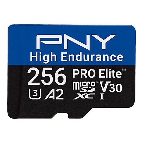 Une carte micro SD bleue et noire avec le texte PNY High Endurance 256 Go PRO Elite V30.