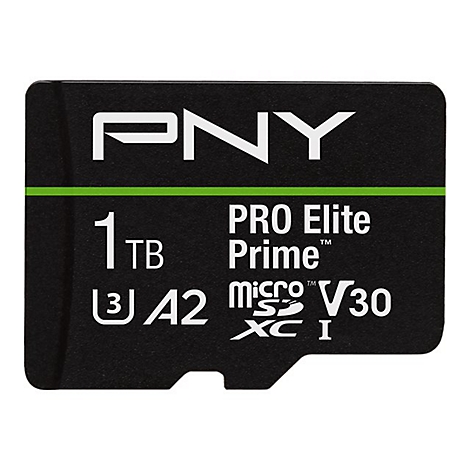Schwarze PNY MicroSD-Karte mit weißem Logo und grüner Linie, 1 TB Speicherkapazität. Beschriftung: PRO Elite Prime, micro SDXC I, V30, A2.