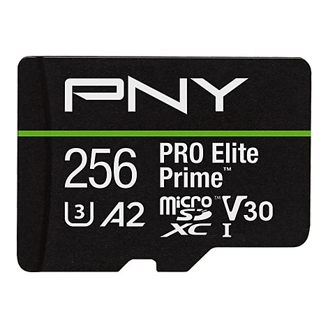 Schwarze SD-Karte mit weißer Aufschrift: PNY, 256, PRO Elite Prime, V30, A2.