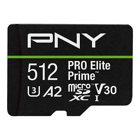 Schwarze microSD-Karte mit grünem Streifen. Aufschrift: PNY, 512, PRO Elite Prime, microSD, V30, XC I, A2.