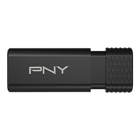 Schwarzer USB-Stick mit "PNY"-Logo, geriffeltes Ende.