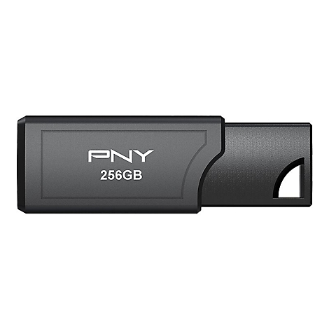 Dunkelgrauer USB-Stick mit der Aufschrift PNY 256GB. Die Aussparung für den Anschluss ist schwarz.