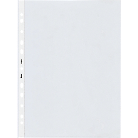 Une pochette de documents blanche et transparente avec un bord perforé. Il y a du texte sur le bord.