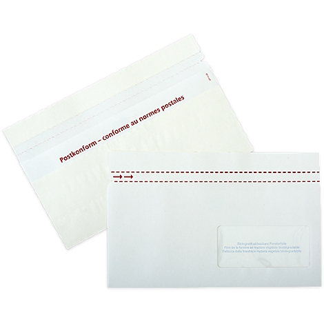 Deux enveloppes blanches; une avec l'impression 'Postkonform', l'autre avec une fenêtre.