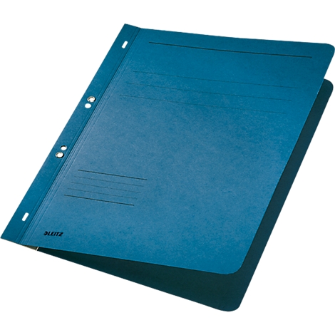 Chemise à feuilles bleue, légèrement ouverte. Des trous et des lignes sont visibles sur le côté gauche. La lettre Leitz est lisible.