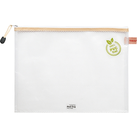 Sac en filet blanc transparent avec garniture en bois et fermeture éclair. Un logo vert avec le texte "100% PVC free" est visible.