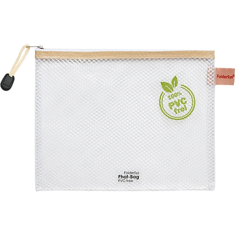 Sac de rangement blanc transparent. Bord marron en haut, fermeture éclair. Logo : "100% PVC free" et "FolderSys".