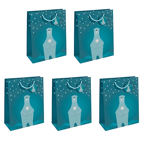 Cinq sacs cadeaux de Noël avec motif ours polaire, bleu-turquoise. Étoiles blanches et paillettes. Poignée en cordon.