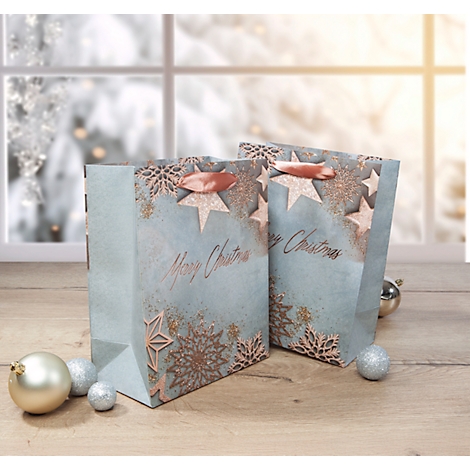 Deux sacs cadeaux de Noël avec des étoiles dorées, des flocons de neige et l'inscription "Merry Christmas" sur une table en bois. Paysage d'hiver flou en arrière-plan.