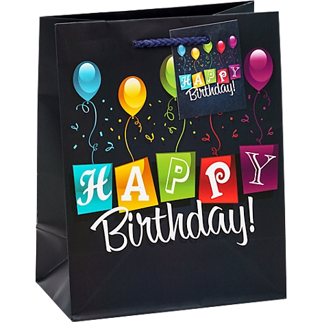 Sac cadeau d'anniversaire noir avec des ballons colorés et "Happy Birthday!"