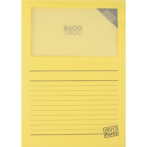 Pochette de documents jaune avec texte ELCO ORDO et Zero Plastic. Champ transparent en haut, lignes horizontales en dessous.