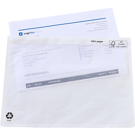 Une enveloppe d'expédition en papier blanc contenant un bon de livraison et du papier à en-tête sur fond blanc.