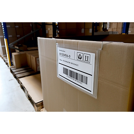 Porte-brochure suspendu transparent avec lettrage "A4" orange et crochets métalliques.