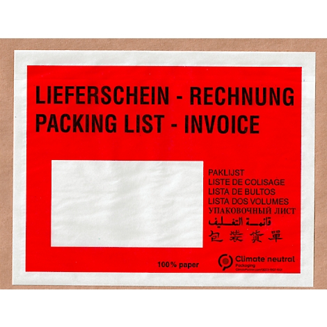 Étiquette rouge avec champs blancs et texte multilingue: Liste de colisage, Facture.