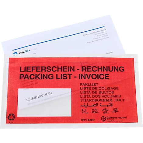 Pochette porte-documents en papier rouge avec impression multilingue, dont le texte liste de colisage facture.