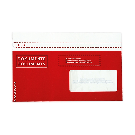 Enveloppe de documents rouge avec lettrage blanc et une fenêtre. Imprimé avec "Documents", "Zone pour le code d'identification" et "EZCO QUICK VITRO".