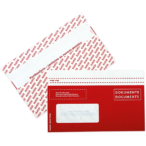 Enveloppes de documents rouges, certaines avec une fenêtre et une impression, sont posées sur un fond blanc.