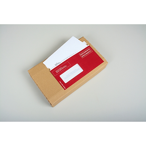 Un carton ouvert avec une enveloppe rouge et du papier blanc. L'enveloppe porte l'inscription "Documents".