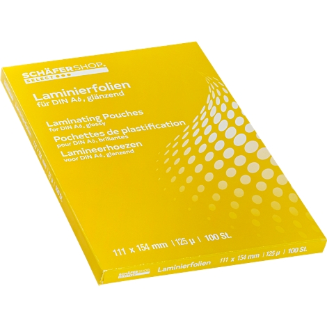 Boîte jaune de pochettes de plastification. Libellé : Schäfershop, pochettes de plastification, pour DIN A6 brillant, 100 pièces.