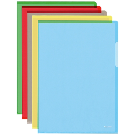 Une pile de dossiers de documents colorés et transparents : vert, rouge, gris, jaune et bleu.