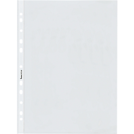 Pochette transparente avec perforation pour documents. Bord perforé à gauche. En bas à gauche : logo de la marque.