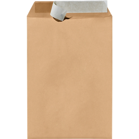 Enveloppe marron avec fermeture collée. La bande adhésive est partiellement détachée.