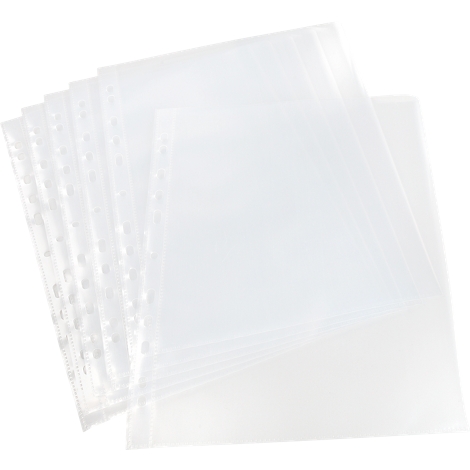 Pile de pochettes de classement transparentes. Certaines ont des trous sur le côté.