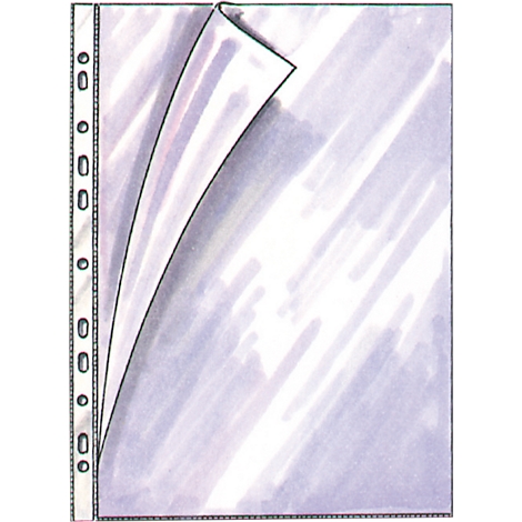 Pochette transparente avec bord perforé, un coin est relevé.