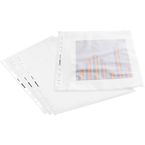 Chemises transparentes, l'une montrant un graphique. Plusieurs chemises sont visibles à gauche, avec perforation et étiquetage.