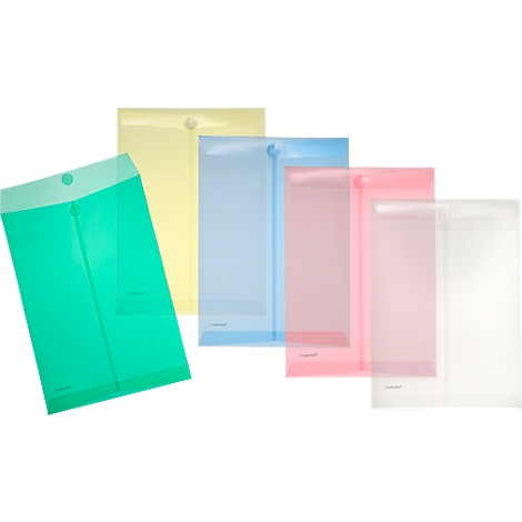 Cinq enveloppes transparentes et colorées disposées. Vert, jaune, bleu, rose et blanc. Chacune a une fermeture à bouton.