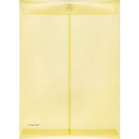 Chemise en plastique jaune avec fermeture à bouton et renfort vertical central.