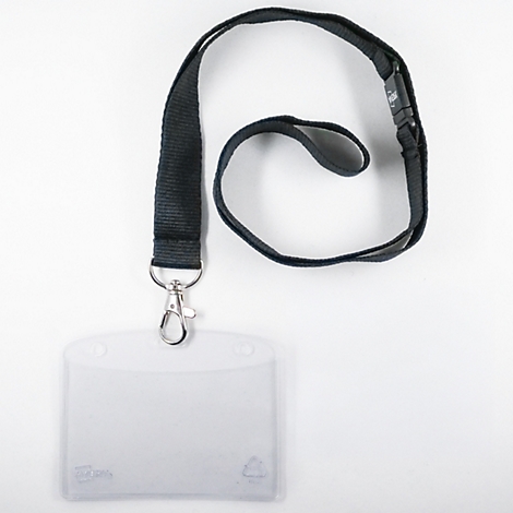 Tour de cou noir avec porte-badge en plastique transparent sur fond blanc.