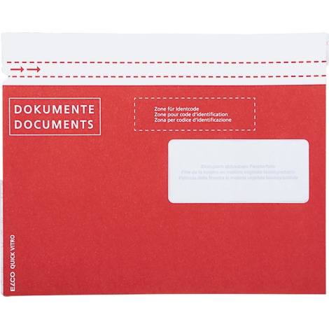Enveloppe de documents rouge avec fenêtre blanche. Inscription : Documents. En haut : Zone pour le code d'identification.