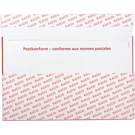 Une enveloppe blanche avec un motif imprimé rouge et le texte "Postkonform - conforme aux normes postales".