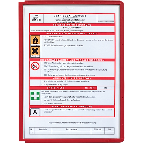 Porte-documents rouge avec instructions d'utilisation. Texte avec avertissements de danger, mesures de protection et premiers secours. Symboles tels que flamme, os croisés et croix de premiers secours.