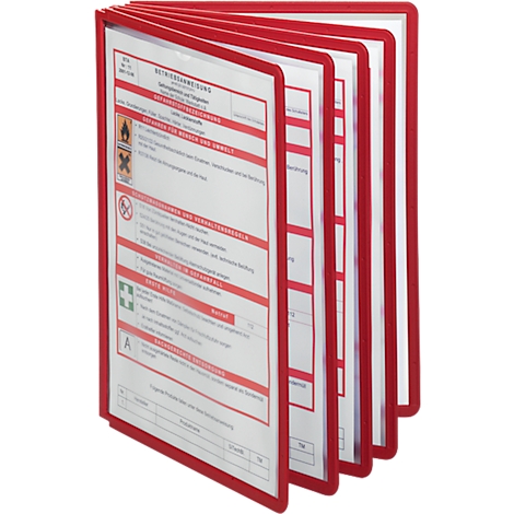 Dossier de documents rouge avec des feuilles ouvertes. Des informations et des symboles d'avertissement sont visibles sur les pages.