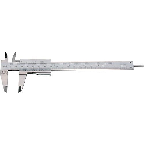 Gray vernier caliper, made of metal. With measuring scale and measuring tips.