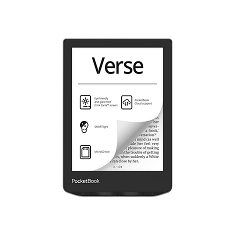 Schwarzer PocketBook Verse E-Reader mit umgeblätterter Buchseite und Funktionssymbolen auf dem Display.