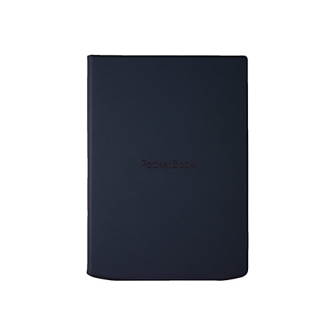 Dunkelblaues PocketBook E-Reader-Cover in Lederoptik mit geprägtem Logo.