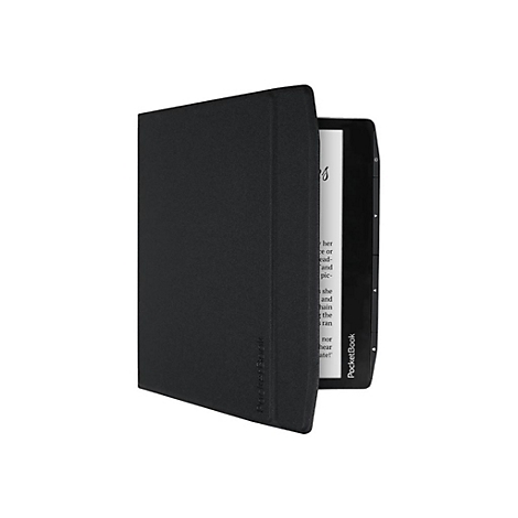 Schwarzes e-Book-Reader-Cover mit eingestecktem, teilweise sichtbarem e-Reader auf weißem Hintergrund.