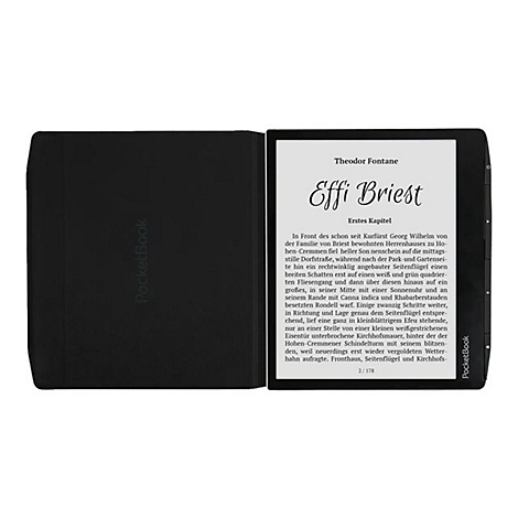 E-Reader mit schwarzer Schutzhülle zeigt den Text von Effi Briest auf einem digitalen Display.