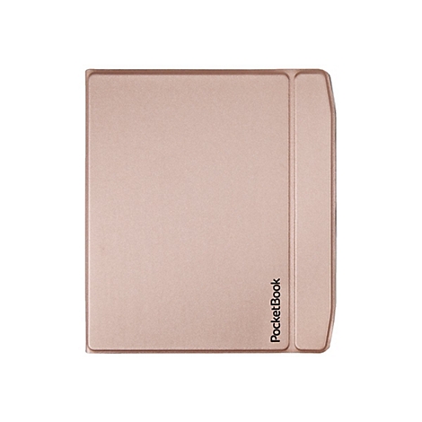 Geschlossene roségoldene Schutzhülle für PocketBook E-Reader mit Markenlogo auf der Vorderseite.