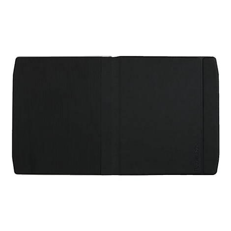 Eine schwarze, aufgeklappte Schutzhülle für einen E-Reader mit gerippter Struktur auf der linken Seite.
