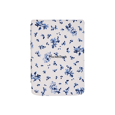 E-Reader-Schutzhülle in Weiß mit blauem Blumenmuster und mittigem PocketBook-Schriftzug.