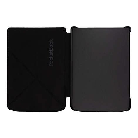 Schwarzes aufklappbares E-Reader-Cover von PocketBook auf weißem Hintergrund.